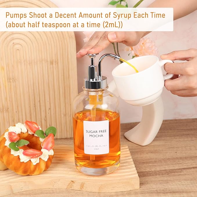 Coffee Syrup Dispenser 16.9 Oz 2 Pack, 500ml Glass Bottle with Sliver Pump for Coffee Bar, Includes 36 Stickers - Reusable Syrup Bottles