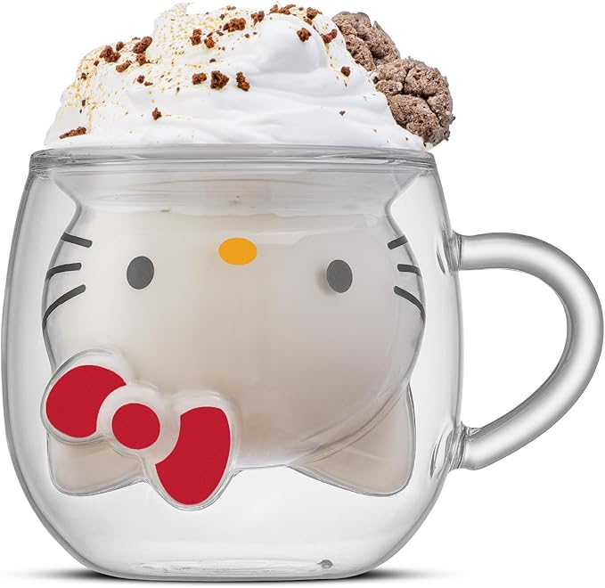 JoyJolt Hello Kitty 3D Coffee Mug, 13.5 oz Double Wall Glass Cup with 3D Design, Insulated Cute Mug for Tea, Latte, or Iced Coffee, Kawaii Sanrio Cup, Hello Kitty Kitchen Stuff
