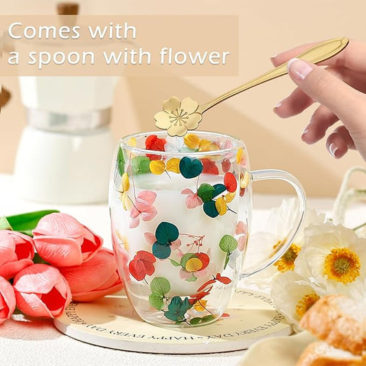 Gifts for Women Dried Flowers Double Wall Glass Coffee Mugs Cute Glass Tea Cups with Handles Christmas Birthday Gift for Best Friend Teacher Mum Gifts New Home Gift Ideas Autumn Mug Home Decor