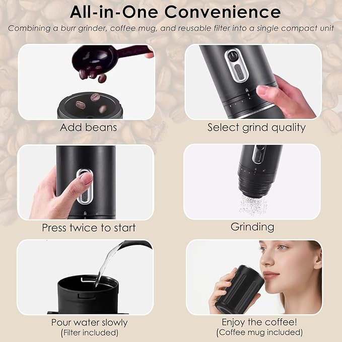 All-in-One Pour Over Coffee Maker Portable Electric Burr Coffee Grinder, Rechargeable Coffee Bean Grinder Conical Burr, Battery Powered Cordless Portable Coffee Maker for Travel, Camping, Car
