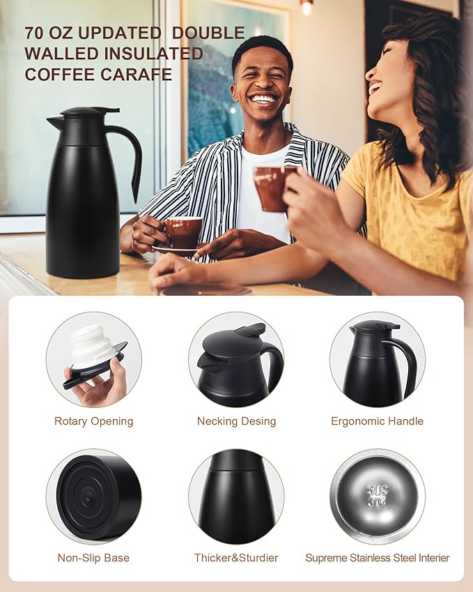 70Oz Thermal Coffee Carafe for keeping hot, Airpot Insulated Carafe Stainless Steel Thermal Pot for Coffee, (black+black)