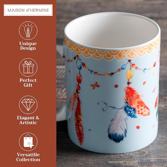 Maison d' Hermine Coffee Mug with Handles Fine Bone China Mugs Pack of One Tea Cups for Hot Beverages Cappuccino Latte Home Restaurant Office Perfect for Gift (Ibiza - Festival, 12 Ounce)