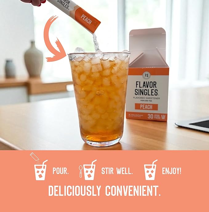 Flavor Singles Peach Powdered Sweetener Packets for Tea, Travel Ready Single-Serve Syrup Alternative, 30 Count (Pack of 1)