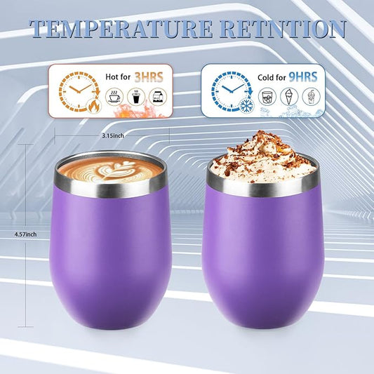 12oz Wine Tumbler with lid, Stainless Steel Travel Mugs Stemless Double Wall Insulated Coffee Cup, Insulated Wine Glasses Travel Tumbler for Cold & Hot Drinks(Purple, 1)