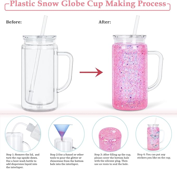 8 Pack 16 Oz Snow Globe Tumbler with Handle, Acrylic Snow Globe Cups with Pre-drilled Hole and Plug, Double Wall Reusable Clear Plastic Travel Coffee Mug for Snowglobe Glitter DIY Gift (Clear)