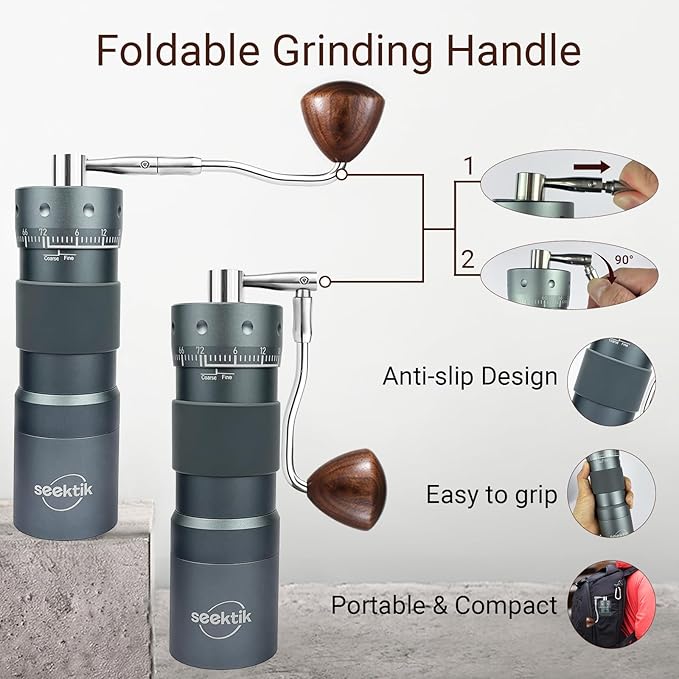 Manual Coffee Grinder with Numerical External Adjustable Setting Stainless Steel Conical Burr Hand Crank Coffee Mill for Cold Brew Espresso French Press Pour Over Drip with Foldable Handle- Grey