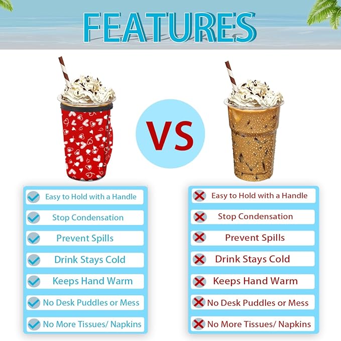 Red White Heart Reusable Coffee Sleeves Iced Coffee Cozy Insulator,Valentine's Day Neoprene Holder with Handle for Cold Coffee or Ice Drink, Small 16-18oz