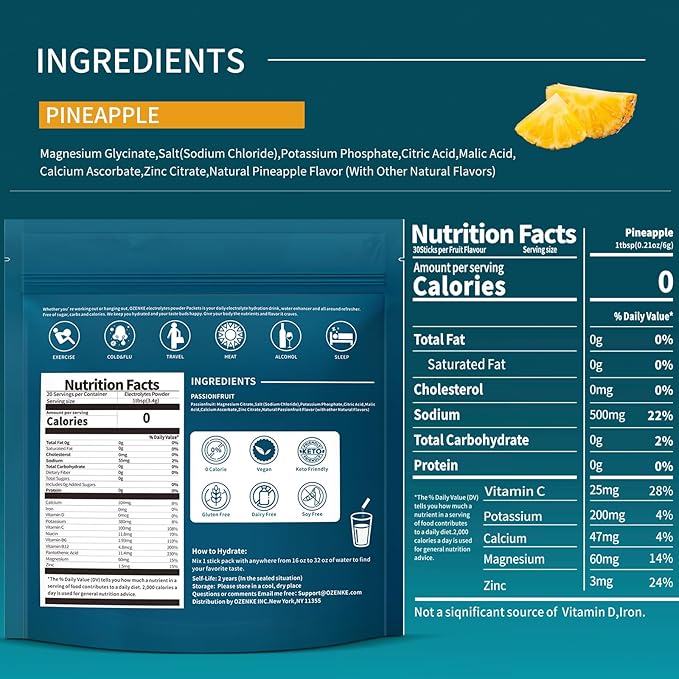 Electrolytes Powder Packets, Hydration Packets Sugar Free, Electrolyte Drink Mix Portable Electrolyte Packet for Rapid Hydration, Pineapple Flavor, 30 Sticks