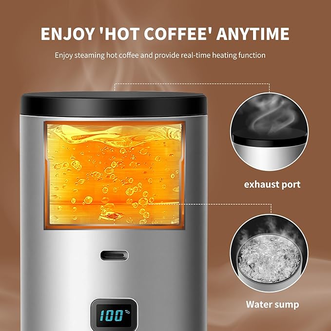 RQUOIRE 3-in-1 Portable Coffee Maker, Espresso Machine, Self-Heating Travel Coffee Maker Compatible with NS, DG Pods & Ground Coffee, Small Mini Espresso Machine for Car Camping, Hiking With Stand