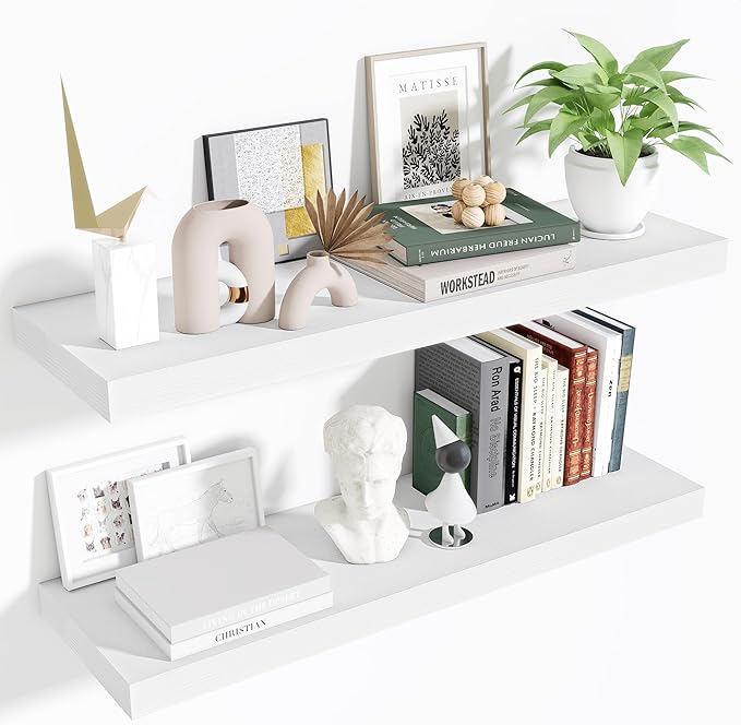 Fun Memories Floating Shelves Set of 2, 36 Inch Long Wooden Wall Shelves, 10 Inch Deep Wall Mounted Storage Shelf with Metal Brackets for Living Room, Bathroom, Bedroom and Kitchen, White