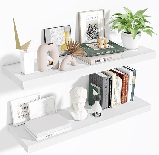 Fun Memories Floating Shelves Set of 2, 36 Inch Long Wooden Wall Shelves, 10 Inch Deep Wall Mounted Storage Shelf with Metal Brackets for Living Room, Bathroom, Bedroom and Kitchen, White