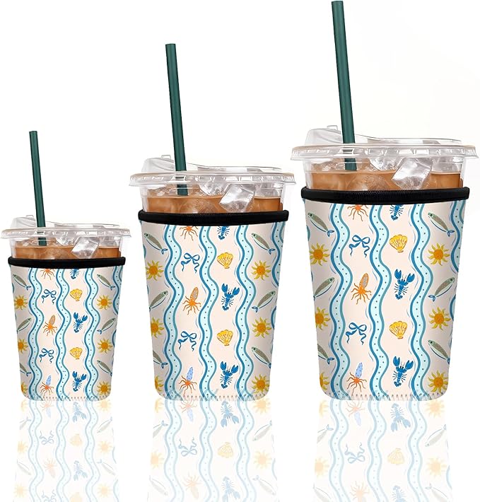 Neoprene Iced Coffee Sleeve 3 Pack, Reusable Insulated Cup Holder with Cute Ocean Pattern, Fits 16–32 oz Tumblers, Compatible with Starbucks & Dunkin, Drink Sleeves for Iced Coffee