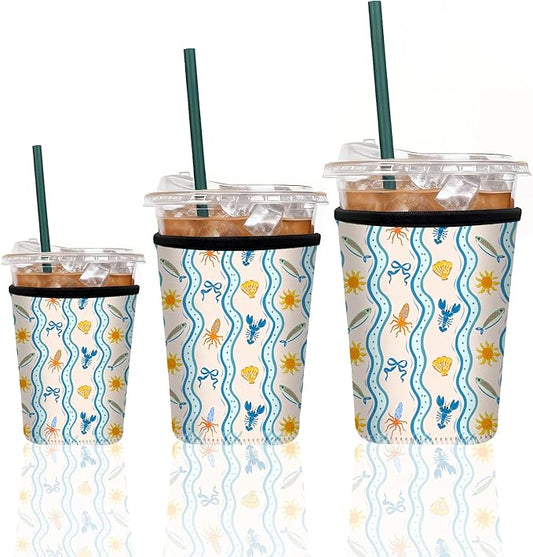 Neoprene Iced Coffee Sleeve 3 Pack, Reusable Insulated Cup Holder with Cute Ocean Pattern, Fits 16–32 oz Tumblers, Compatible with Starbucks & Dunkin, Drink Sleeves for Iced Coffee