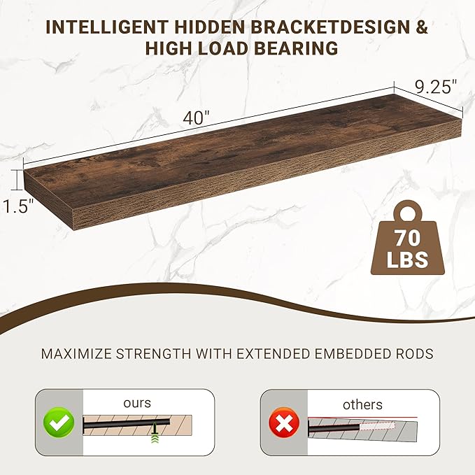 40 Inch Floating Shelves, 3D Textured Wood Grain, 40"x9.25"x1.5" Inch Deep Floating Shelves for Wall, Wooden Shelves for Bathroom, Bedroom, Living Room, Brown, 1 Piece