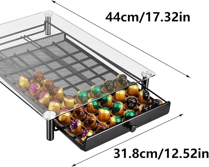 Metal Frame Glass Coffee Pods Organiser Drawer Large Capacity Espresso Storage Drawer for Kitchen or Office Rusts Coffee Holder for Kitchen