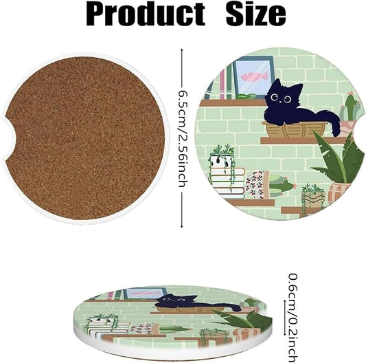 Car Cup Holder Coasters, 2 Pcs Ceramic Coasters with Finger Slot and Cork Back, Anti-Slip Shock Absorbing Women and Men Universal Car Accessories - Bookshelf Cat
