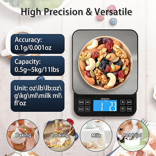 BOMATA Large Kitchen Scale with 0.1g/0.001oz High Precision, 5kg/11lb Bakery Scale with% Percentage Function, USB Rechargeable, Full-View Angle LCD with Backlight, Stainless Steel Pan