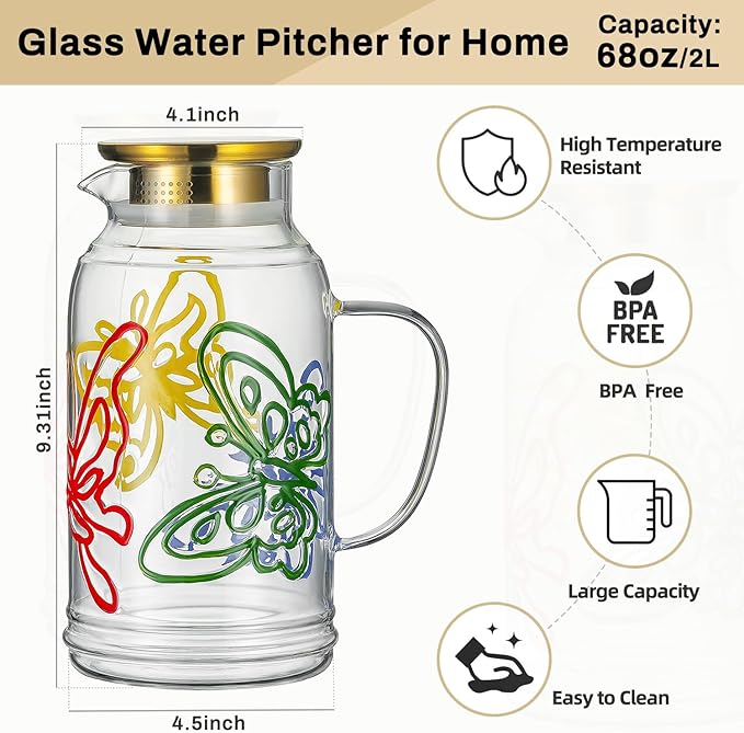 Glass Pitcher with Lid and Handle,2 PACK 68 oz/2 Liter Vintage Hand Painted Butterfly Design Fridge Water Pitcher, Borosilicate Glass Water Carafe for Hot/Cold Water Iced Sun Tea,Heat Resistant