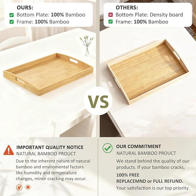 Bamboo Serving Tray with Handles, Set of 2 Large Wood ServingTrays for Food & Coffee, Elegant Wooden Tray for Breakfast in Bed, Kitchen & Party