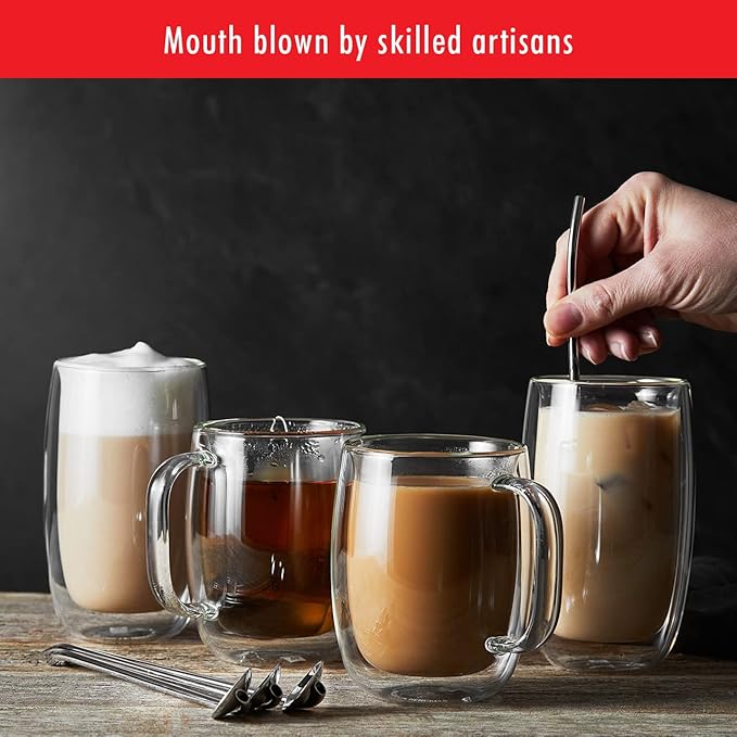 ZWILLING Sorrento Plus 4-pc Double-Wall Glass, Insulated Coffee Mug, 12-oz, 355ml, Clear