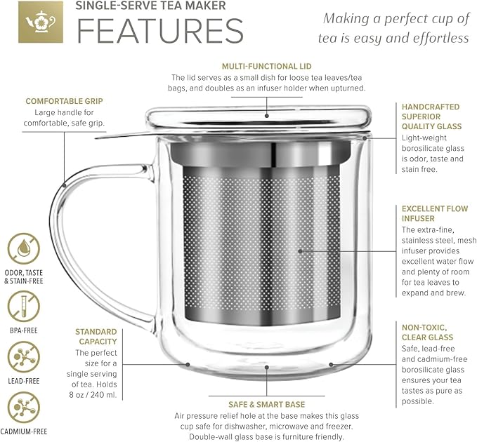 Teabloom Personal Tea Maker - Insulated Heatproof Glass Cup with Loose Tea Infuser and Lid/Coaster – Tea Connoisseur's Choice – Borosilicate Glass Infusion Mug (8 Oz)