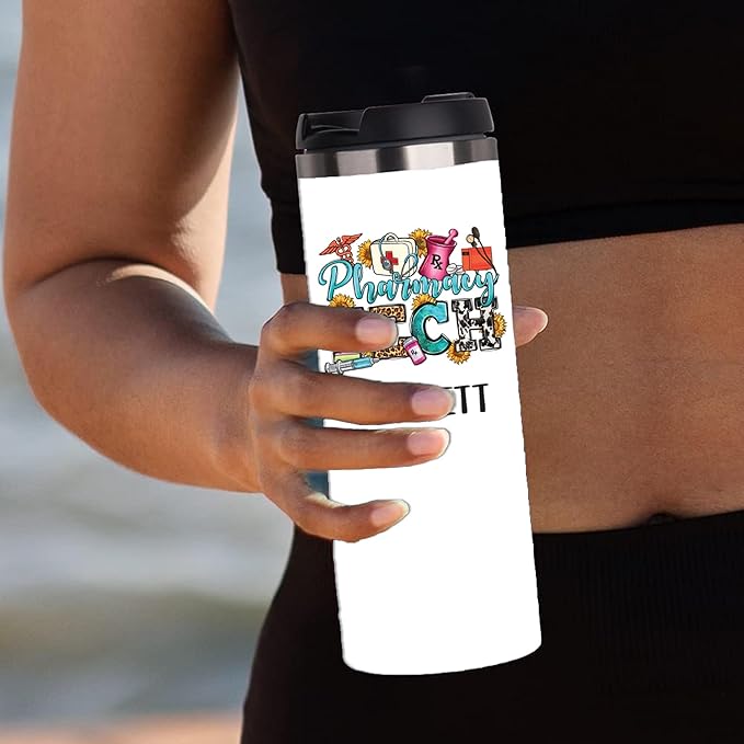 Skinny 14oz Gift for Pharmacist, Color Sublimated Coffee Mug for Pharmacist, Gift With Lid for Office Staff Team, RX, CPhT, Vinyl, Appreciation Gift for Staff Team, Vacuum Insulated SS Mug