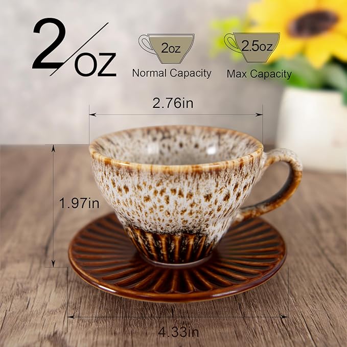 YINUOWEI 2 oz Espresso Cups Set of 6, Ceramic Cappuccino Cups with Saucers, Stackable Coffee Cup for Macchiato, Single shot, Tea, Coffee Lover Gifts, Glazed White