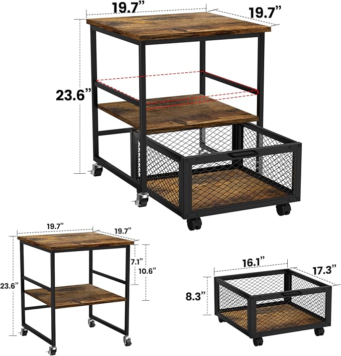 19.7x19.7in Mobile Mini Fridge Stand with 3 Storage,Small Beverage Refrigerator Table with Wheels Rolling Compact Drawer Cart,Great for Dorm Home Office, Printer Stand, Coffee Table
