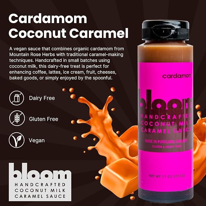 Bloom Caramel Cardamom Coconut Caramel Sauce – Vegan, Dairy-Free Dessert Topping, Small Batch Artisanal Quality, Made with Premium Ingredients, Perfect for Coffee, Ice Cream, and Baking – 22oz