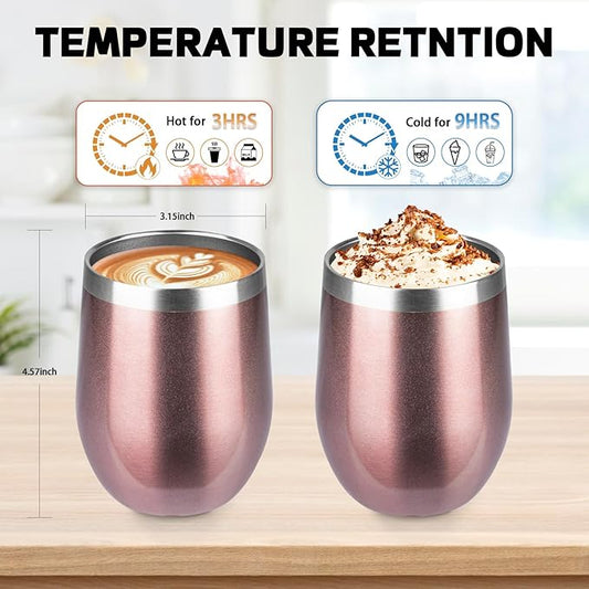 StarSpeed 12oz/8 Pack Wine Tumbler with lid, Stainless Steel Travel Mugs Stemless Double Wall Insulated Coffee Cup, Insulated Wine Glasses Travel Tumbler for Cold & Hot Drinks(Rose Gold, 8)