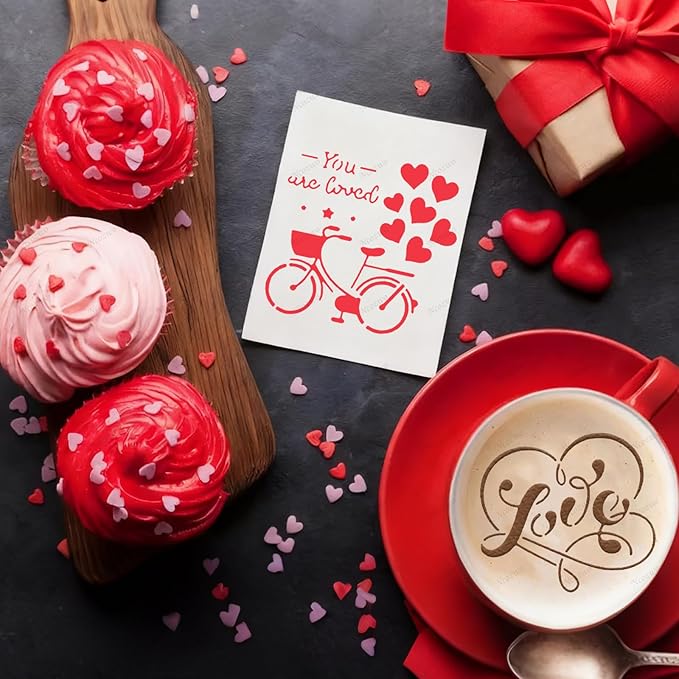 Valentines Day Cake Stencils Kit Reusable Cookie Coffee Stencil Drawing Template for Dessert Buttercream Painting Envelopes DIY Crafts Wall Floor Decor (9 Pcs Love Words)
