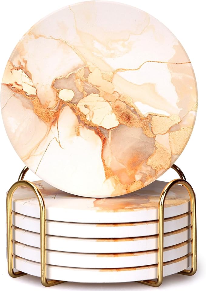 6 Pcs Gold Marble Abstract Ceramic Coasters with Holder Best Round Drink Absorbent Coaster for Desk, Lounge, Coffee Table, Wine, Beverage, Bar Coasters Set
