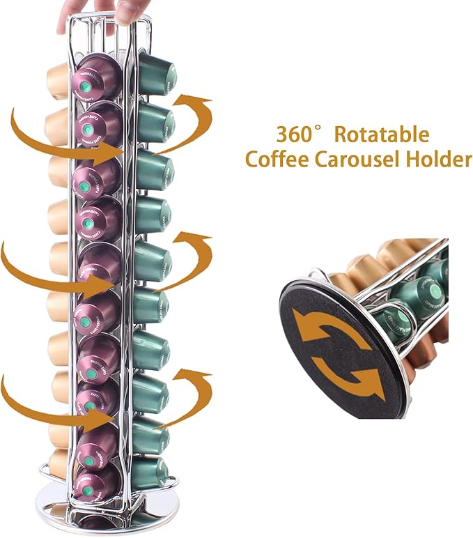 SEVENLINE Coffee Pod Holder Stand Compatible With Nespresso Original Pods Carousel Storage Rack Capsules Organizer For 40 Capsules (Silvery)