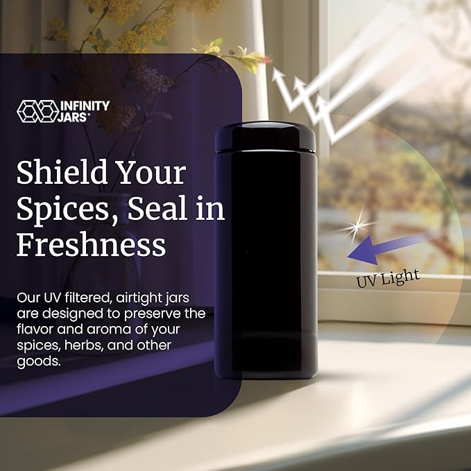 Infinity Jars, 1 L (34 fl oz) Premium Airtight Ultraviolet Glass Jar Odor Blocking, Antistatic, Light Blocking Container for Herbs, Coffee, Tea & Spices Durable, Travel-Friendly Storage