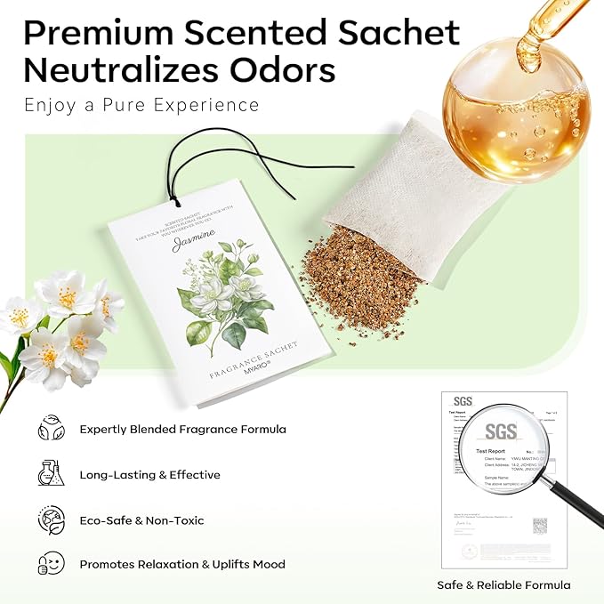 MYARO 12 Packs Jasmine Scented Sachets for Drawer and Closet, Long-Lasting Air Freshener Sachet Bag Drawer Car Bathroom Deodorizers Fresh Scent Home Fragrance