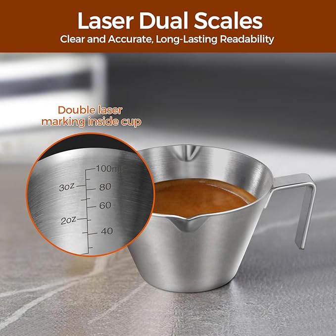10Pcs Stainless Steel Espresso Cups, Double Spout Metal Espresso Measuring Cup with Handle, Dual Scale Espresso Shot Cup with V-Shaped Mouth, 3.4oz/100ml (Silver)