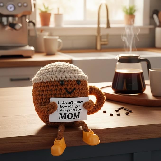 Birthday Gifts for Mom from Daughter Son Kids, Mothers Day Crochet Coffee Lover Gifts, Cute Funny Small Handmade Presents Meaningful Desk Decor