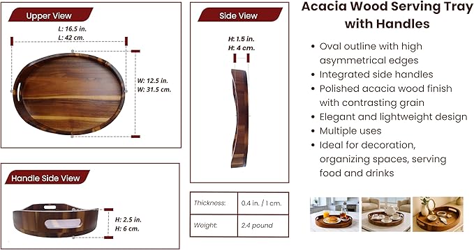 Acacia Wood Serving Tray with Handles, Premium Coffee Table Decor, 16.5”x12.5”, Oval Design, Breakfast in Bed, Decorative Ottoman Tray for Living Room, Serving Platter, Coffee Table, Candle Display