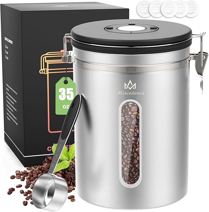 35OZ Airtight Coffee Canister with Lid - 304 Stainless Steel Kitchen Food Storage Container with Window, Date Tracker & Spoon, Suitable for Coffee Beans, Ground Coffee, Tea & Sugar