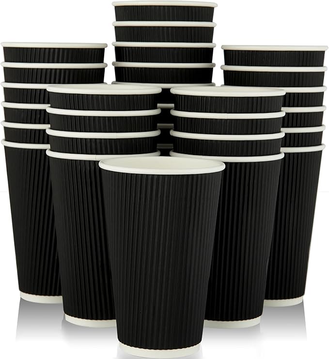 JollyPack 60 Pack 16 oz Paper Coffee Cups, Black Disposable Beverage Cups with Insulated Ripple Wall for Coffee, Tea, and Hot Chocolate
