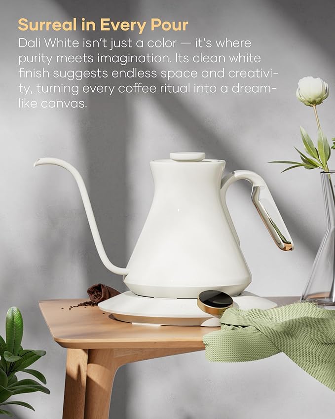 Cocinare Master Collection Dali White Gooseneck Electric Kettle, ±0.5℉ Precise Temperature Control for Pour-Over Coffee & Tea, Quick Heating 1500W, Stainless Steel Interior, 0.9L