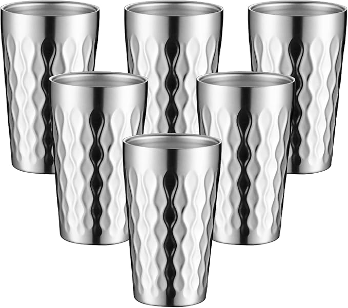 AGH 6 Pack Stainless Steel Kids Cups, 12oz Double Layer Insulated Metal Drinking Cups for Camping, Parties & Outdoors (Bright Silver)
