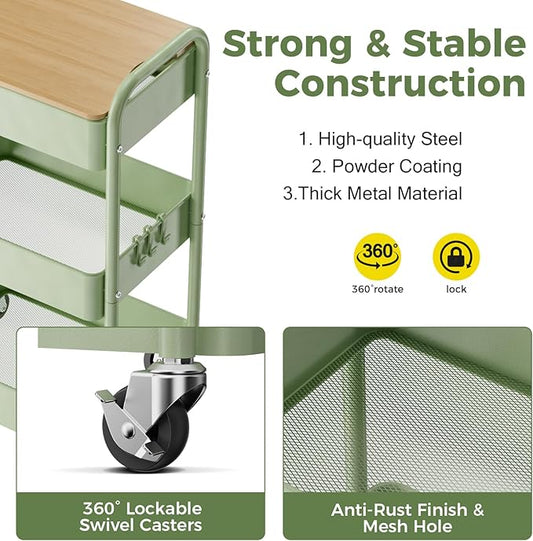 3 Tier Rolling Cart with Table top, Metal Rolling Utility Cart, Sturdy Storage Organizer Cart with Locking Wheels & Hooks for Office, Classroom, Kitchen and Bathroom
