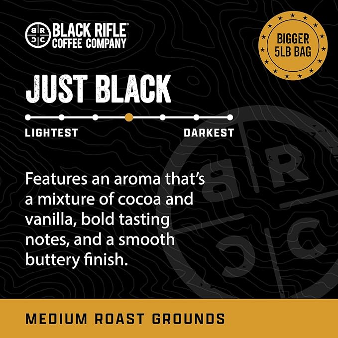 Black Rifle Coffee Company Just Black, 5 lb Bag, Ground Coffee Medium Roast - Roasted Blend Made from Arabica Beans - Colombian & Brazilian Beans - Veteran Founded & American Made