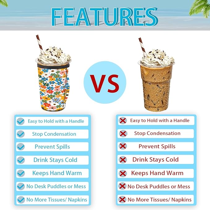 Reusable Iced Coffee Cup Sleeve Colorful Blooming Flowers Neoprene Insulated Sleeves Cup Holder with handle Idea for 30oz - 32oz