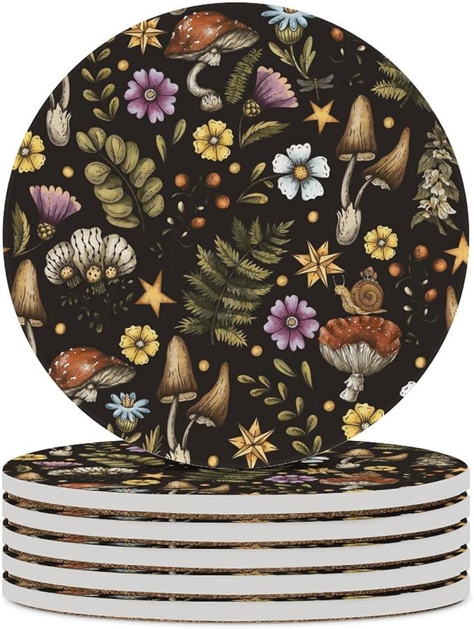 Botanical Drink Coasters, Round Ceramic Drink Coaster Round-6PCS, Cartoon Botanical Floral Rustic Plant Leaves Mushroom Decor Absorbent Ceramic Coasters for Beverage Cup, Bar, Coffee Table