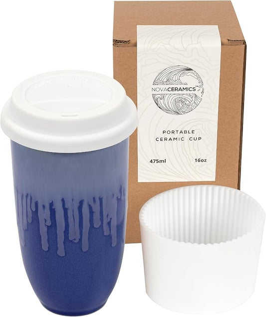 NOVA CERAMICS Ceramic Tumbler– Blue Ceramic Mug – Microwave & Dishwasher Safe Coffee White & Orange Tumbler - Leak-Proof Coffee Travel Mug – 16oz – Neptune