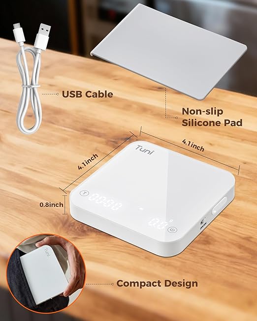 Tuni Rechargeable Mini Coffee Scale with Timer, 2kg/0.1g Accurate Espresso Scale for Espresso and Pour-Over Coffee, Portable Digital Kitchen Scale with Automatic Timing, White