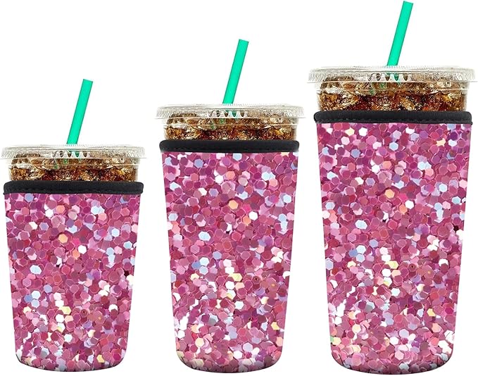 3 Pack Reusable Neoprene Insulator Sleeve for Iced Coffee Cups, Funny Coffee Cup Sleeves for 16-32oz Coffee cups, Cute Drink Sleeve for Cold Hot Beverages Cute Pink Glisten