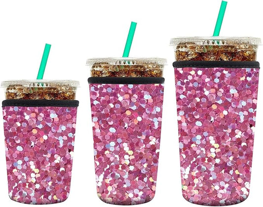 3 Pack Reusable Neoprene Insulator Sleeve for Iced Coffee Cups, Funny Coffee Cup Sleeves for 16-32oz Coffee cups, Cute Drink Sleeve for Cold Hot Beverages Cute Pink Glisten